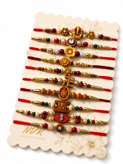 NVR Set of 10 Artificial Stones & Beads Thread Rakhi with Roli Chawal Chandan Mishri