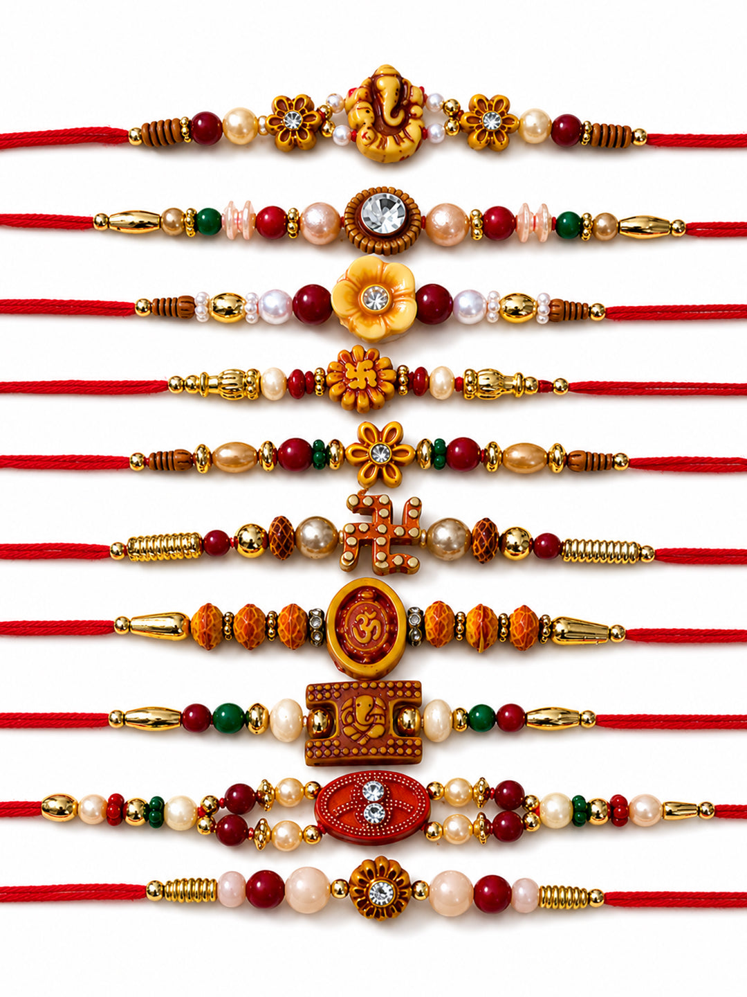 NVR Set of 10 Artificial Stones & Beads Thread Rakhi with Roli Chawal Chandan Mishri