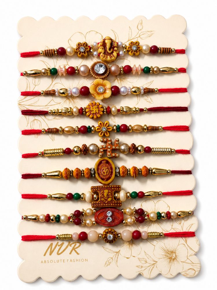 NVR Set of 10 Artificial Stones & Beads Thread Rakhi with Roli Chawal Chandan Mishri