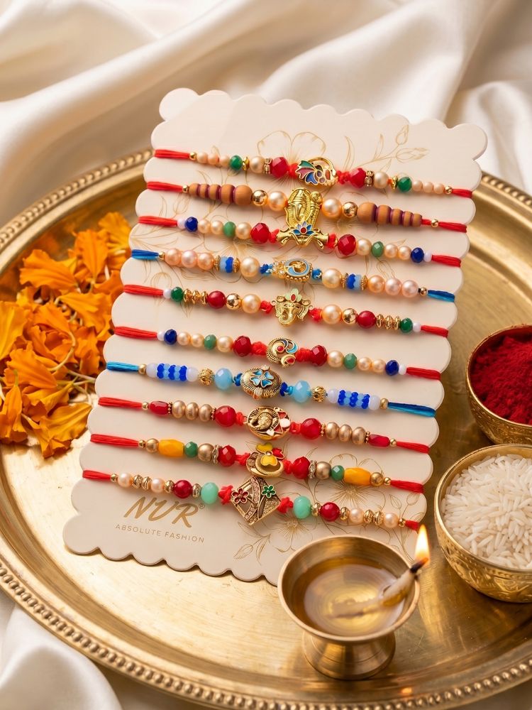 NVR Set of 10 Artificial Stones & Beads Thread Rakhi with Roli Chawal Chandan Mishri