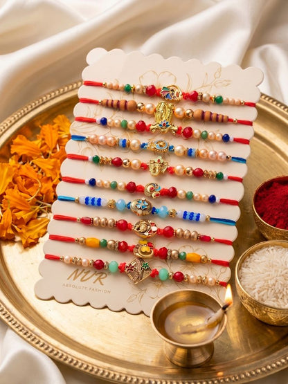 NVR Set of 10 Artificial Stones & Beads Thread Rakhi with Roli Chawal Chandan Mishri