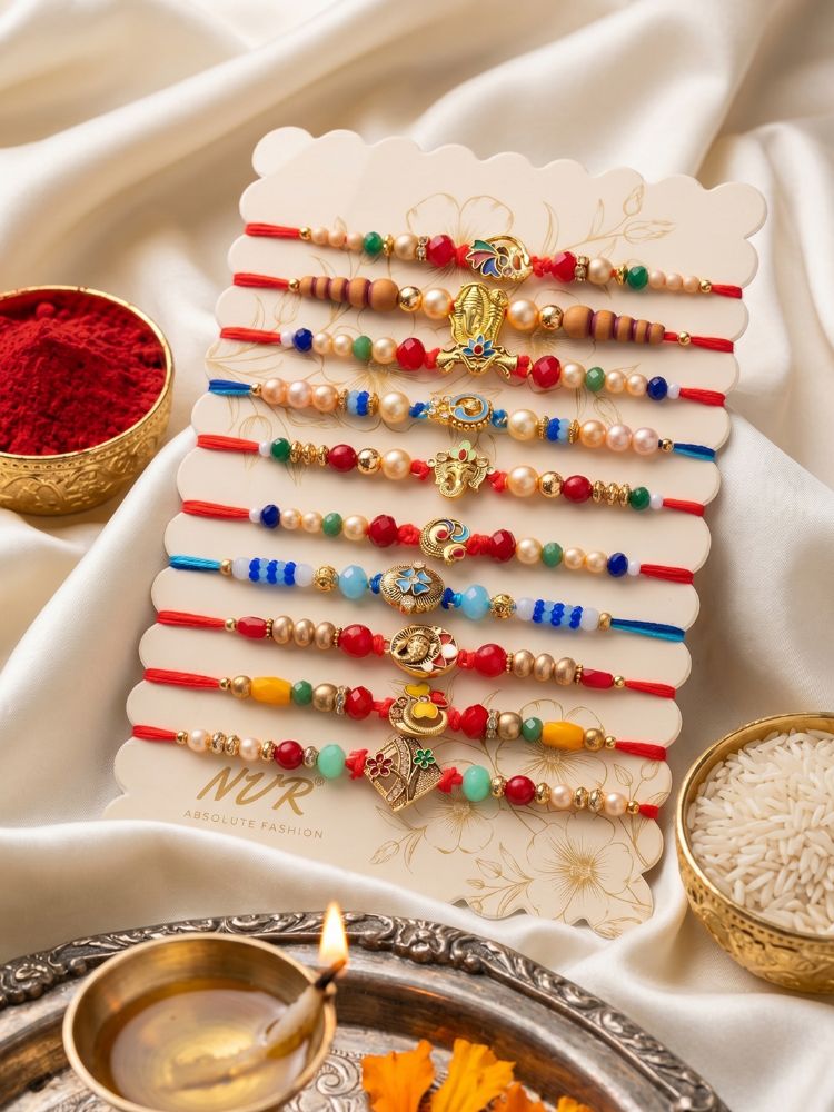 NVR Set of 10 Artificial Stones & Beads Thread Rakhi with Roli Chawal Chandan Mishri