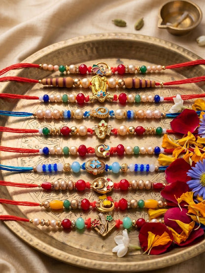 NVR Set of 10 Artificial Stones & Beads Thread Rakhi with Roli Chawal Chandan Mishri