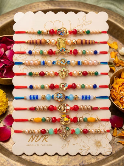 NVR Set of 10 Artificial Stones & Beads Thread Rakhi with Roli Chawal Chandan Mishri
