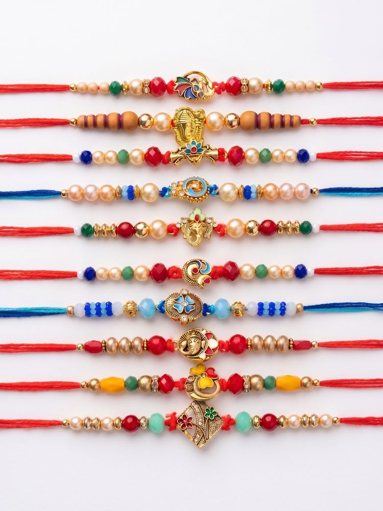 NVR Set of 10 Artificial Stones & Beads Thread Rakhi with Roli Chawal Chandan Mishri