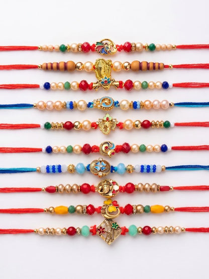 NVR Set of 10 Artificial Stones & Beads Thread Rakhi with Roli Chawal Chandan Mishri