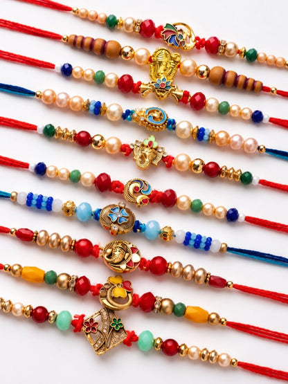NVR Set of 10 Artificial Stones & Beads Thread Rakhi with Roli Chawal Chandan Mishri