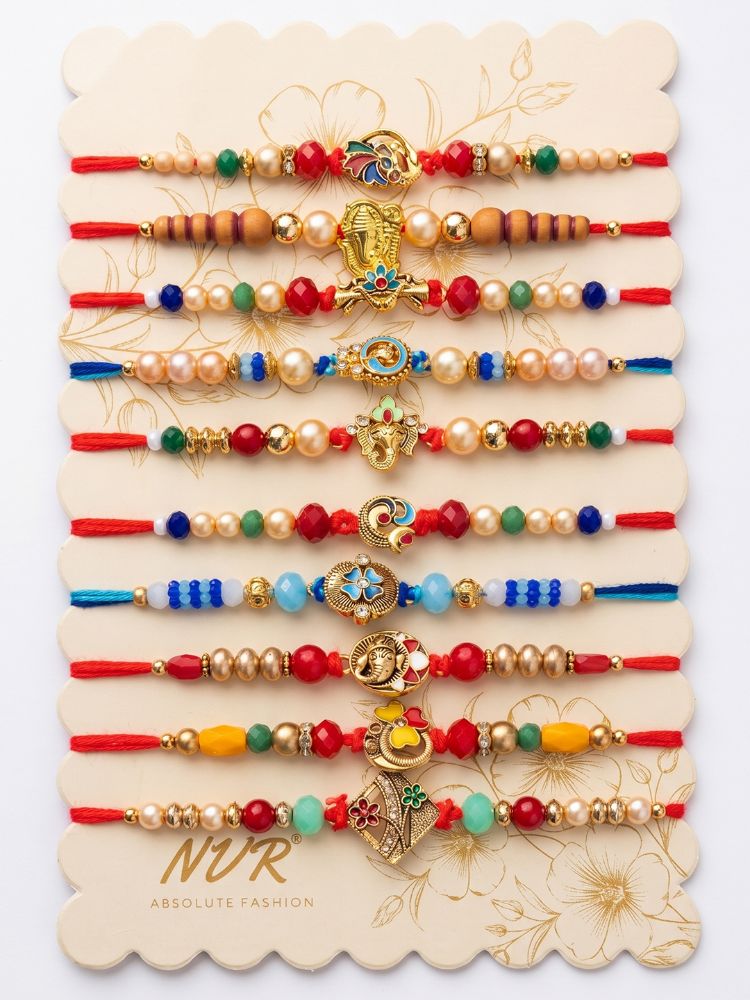 NVR Set of 10 Artificial Stones & Beads Thread Rakhi with Roli Chawal Chandan Mishri