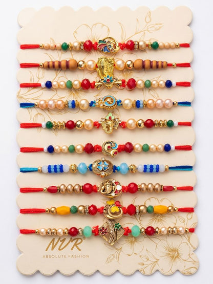 NVR Set of 10 Artificial Stones & Beads Thread Rakhi with Roli Chawal Chandan Mishri
