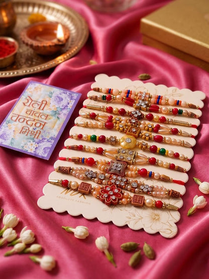 NVR Set of 10 Multicolor Designer Thread Rakhi with Roli Chawal Chandan Mishri