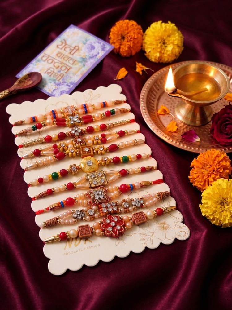 NVR Set of 10 Multicolor Designer Thread Rakhi with Roli Chawal Chandan Mishri