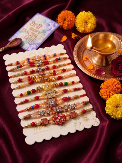 NVR Set of 10 Multicolor Designer Thread Rakhi with Roli Chawal Chandan Mishri
