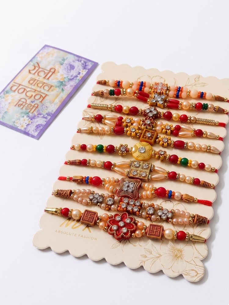 NVR Set of 10 Multicolor Designer Thread Rakhi with Roli Chawal Chandan Mishri