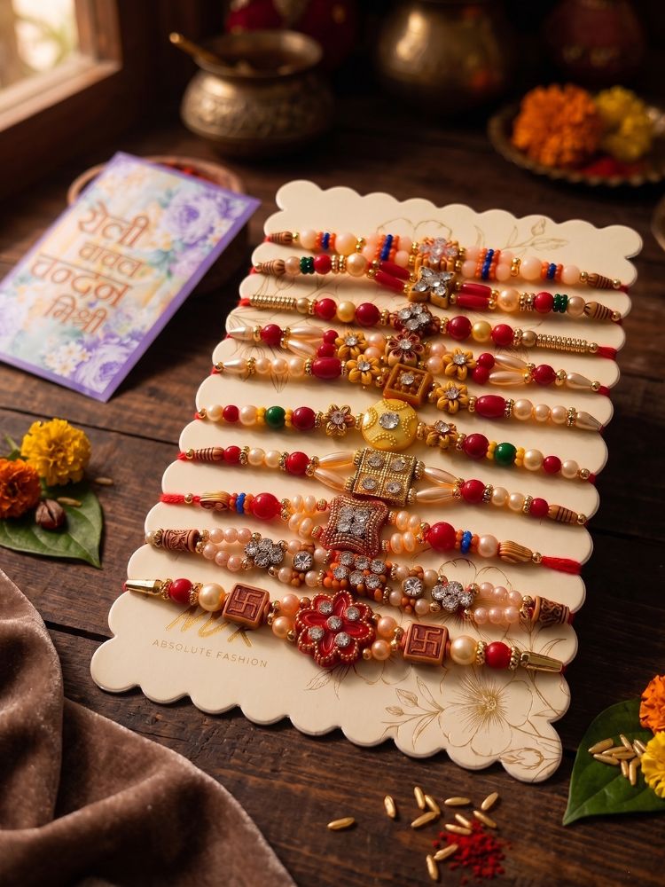 NVR Set of 10 Multicolor Designer Thread Rakhi with Roli Chawal Chandan Mishri