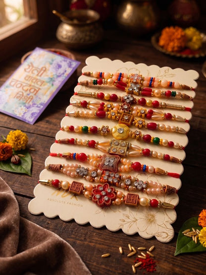 NVR Set of 10 Multicolor Designer Thread Rakhi with Roli Chawal Chandan Mishri