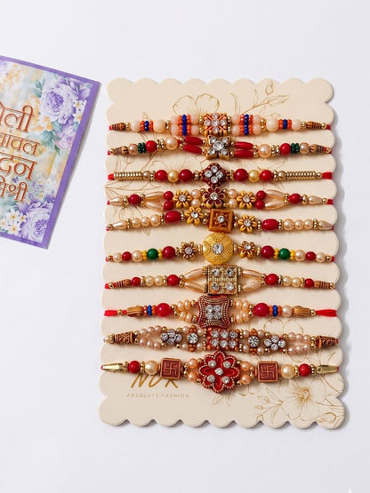 NVR Set of 10 Multicolor Designer Thread Rakhi with Roli Chawal Chandan Mishri