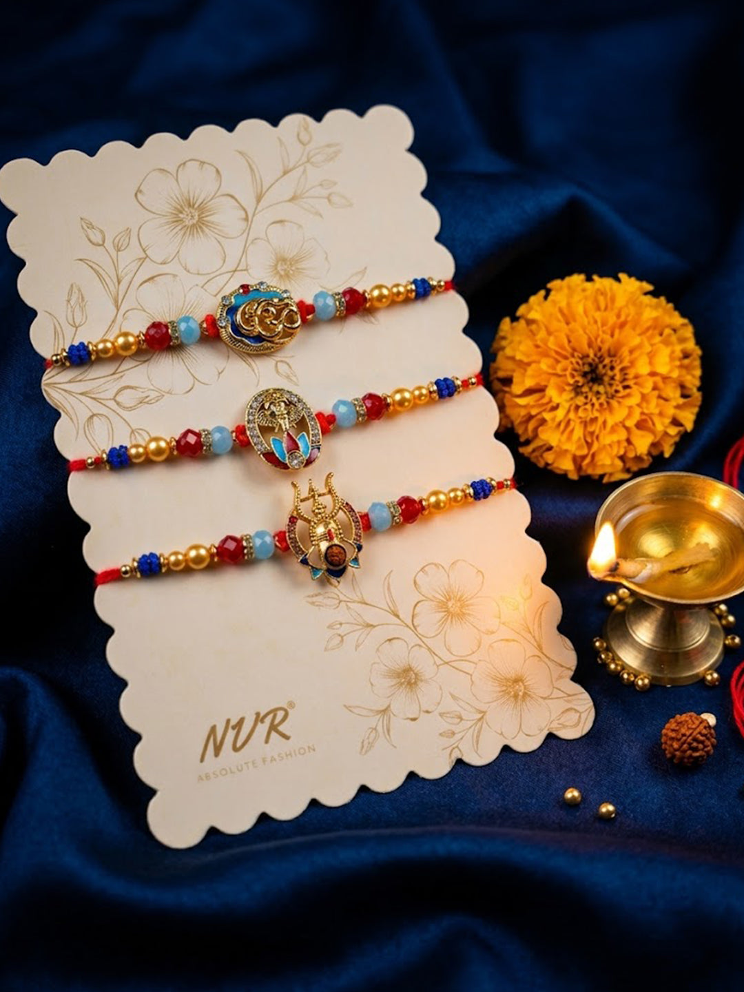NVR Multicolor Set of 3 Artificial Stones Religious Thread Rakhi With Roli Chawal Chandan