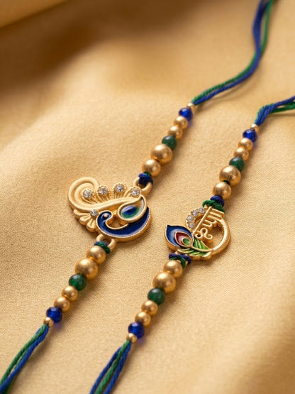 NVR Set of 2 Krishna & Peacock Design Artificial Beads Thread Rakhi With Roli Chawal