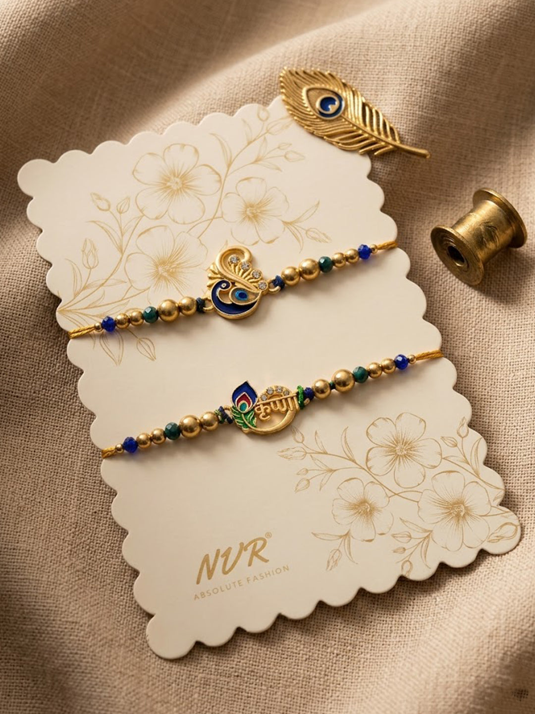 NVR Set of 2 Krishna & Peacock Design Artificial Beads Thread Rakhi With Roli Chawal