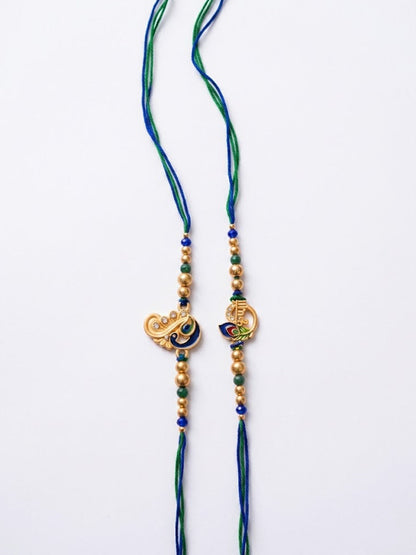 NVR Set of 2 Krishna & Peacock Design Artificial Beads Thread Rakhi With Roli Chawal