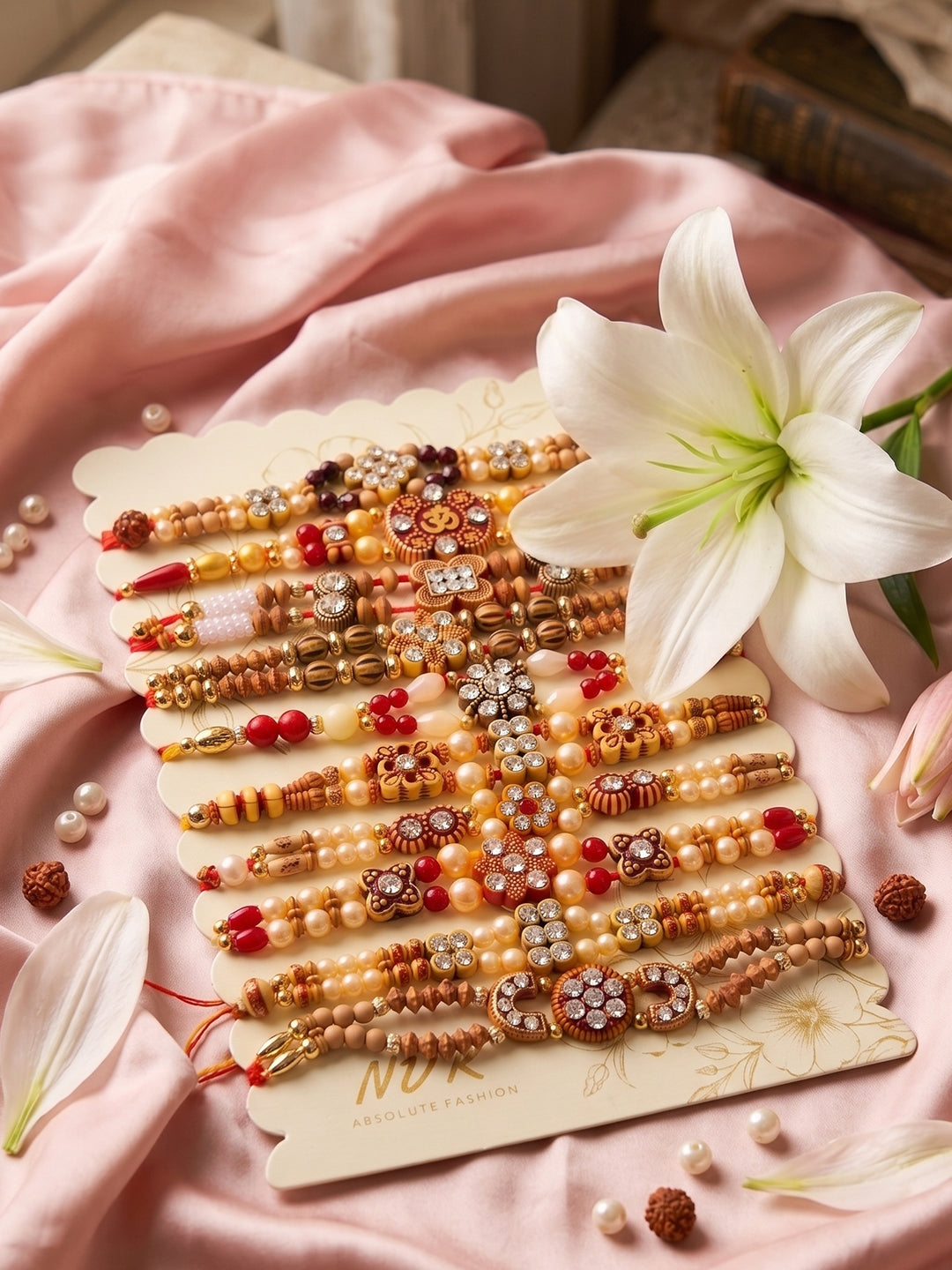 NVR Set of 10 Multicolor Designer Thread Rakhi with Roli Chawal Chandan Mishri