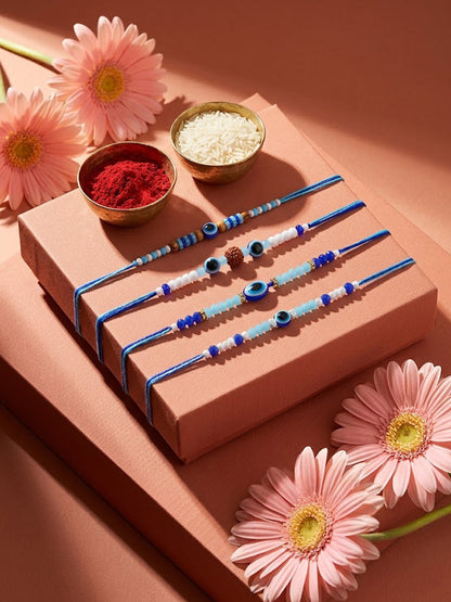 NVR Set of 4 Blue Evil Eye Thread Rakhi with Roli Chawal Chandan Mishri