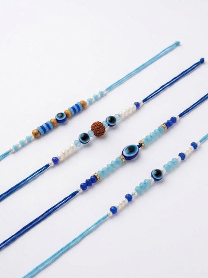 NVR Set of 4 Blue Evil Eye Thread Rakhi with Roli Chawal Chandan Mishri
