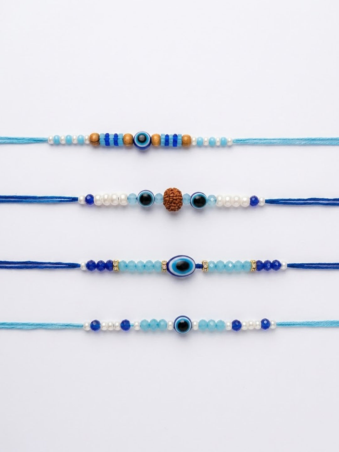 NVR Set of 4 Blue Evil Eye Thread Rakhi with Roli Chawal Chandan Mishri