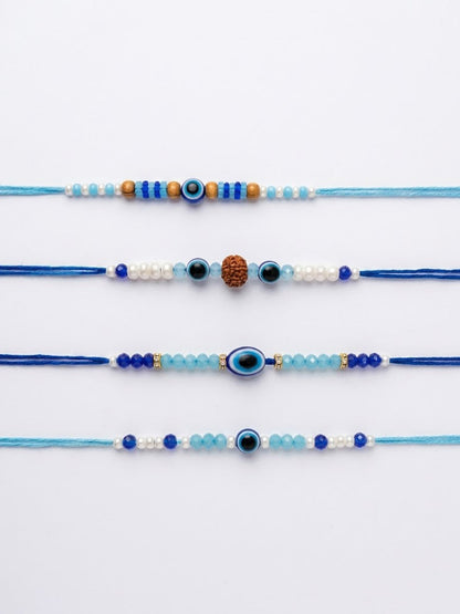 NVR Set of 4 Blue Evil Eye Thread Rakhi with Roli Chawal Chandan Mishri