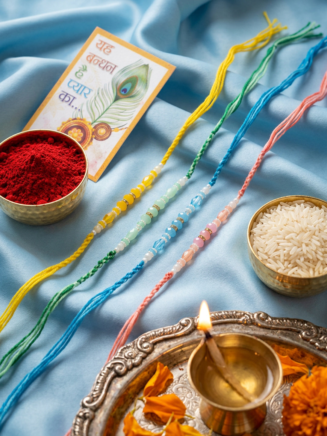 NVR Set of 4 Multicolor Artificial Beads Thread Rakhi with Roli Chawal Chandan Mishri