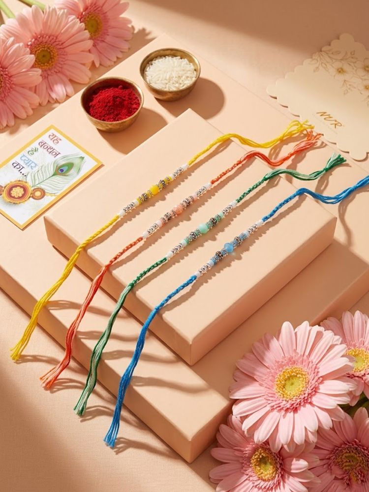 NVR Set of 4 Multicolor Artificial Beads Thread Rakhi with Roli Chawal Chandan Mishri