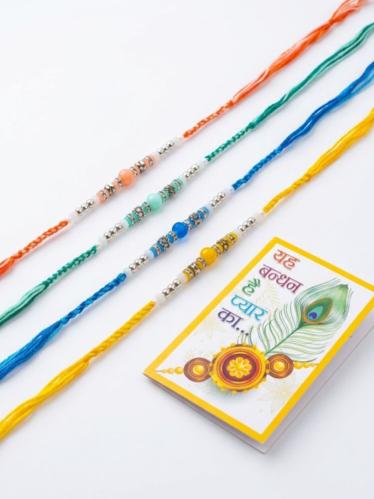 NVR Set of 4 Multicolor Artificial Beads Thread Rakhi with Roli Chawal Chandan Mishri