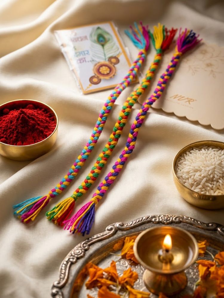 NVR Set of 3 Multicolor Thread Rakhi with Roli Chawal Chandan Mishri