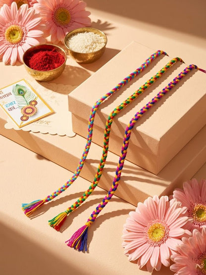 NVR Set of 3 Multicolor Thread Rakhi with Roli Chawal Chandan Mishri