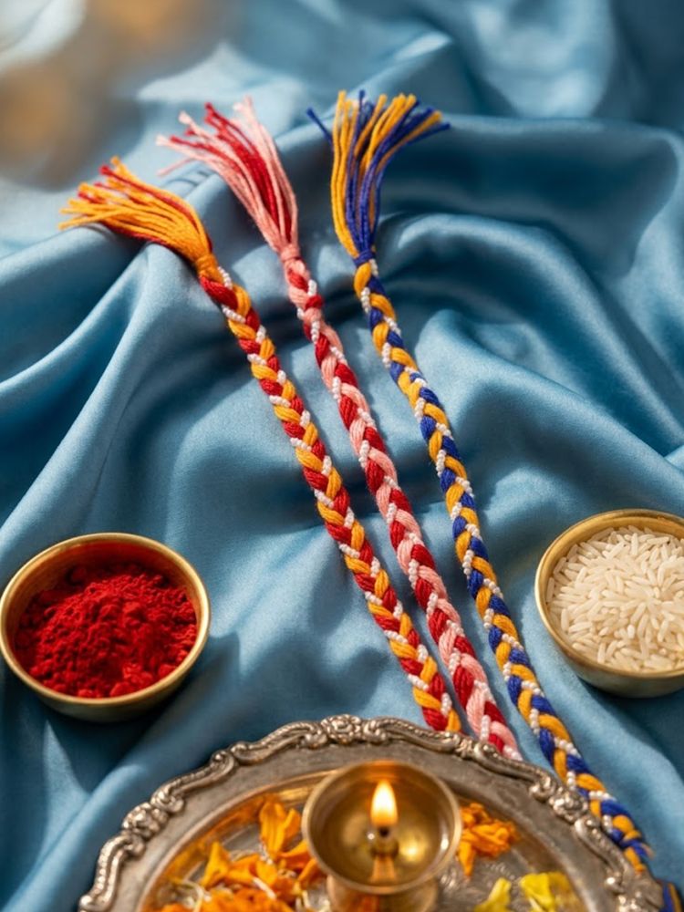 NVR Set of 3 Multicolor Thread Rakhi with Roli Chawal Chandan Mishri