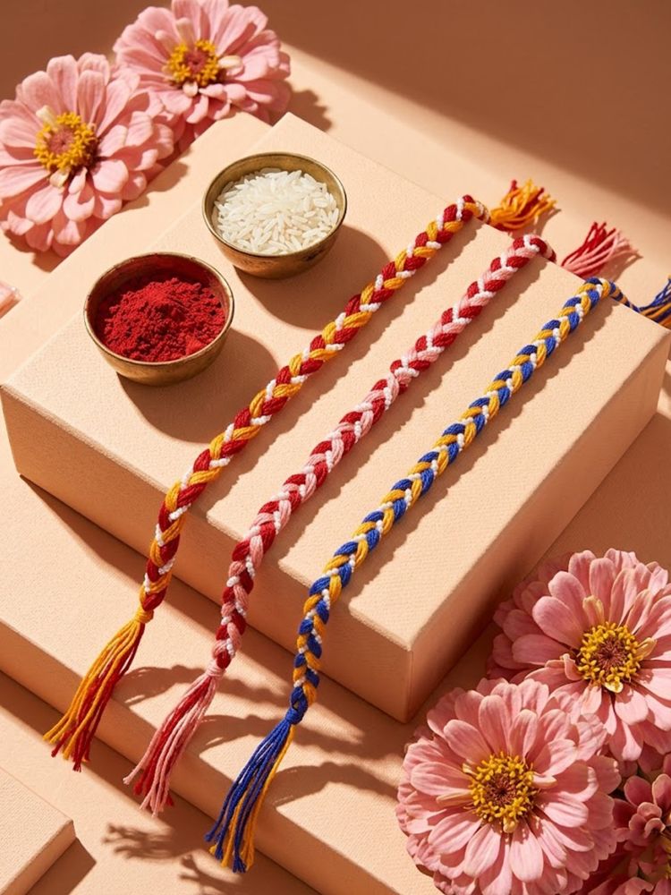 NVR Set of 3 Multicolor Thread Rakhi with Roli Chawal Chandan Mishri