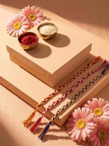 NVR Set of 3 Multicolor Thread Rakhi with Roli Chawal Chandan Mishri