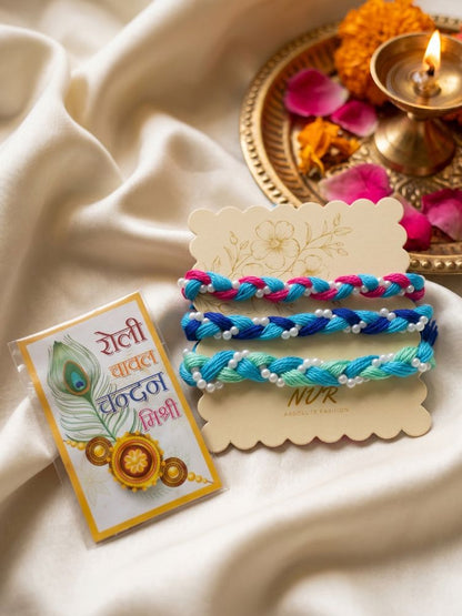 NVR Set of 3 Multicolor Thread Rakhi with Roli Chawal Chandan Mishri