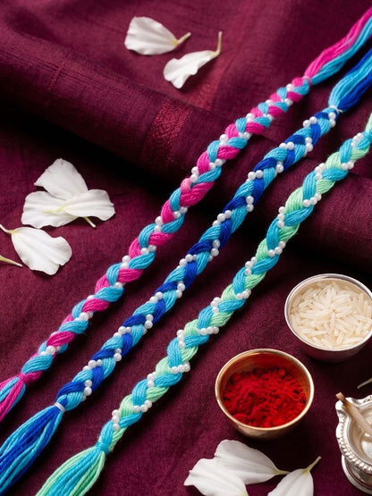 NVR Set of 3 Multicolor Thread Rakhi with Roli Chawal Chandan Mishri