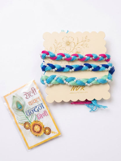 NVR Set of 3 Multicolor Thread Rakhi with Roli Chawal Chandan Mishri