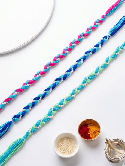 NVR Set of 3 Multicolor Thread Rakhi with Roli Chawal Chandan Mishri