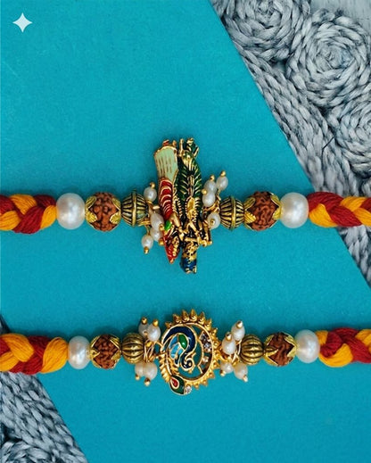 NVR Set of 2 Religious Thread Pearls Rakhi with Roli Chawal Chandan Mishri