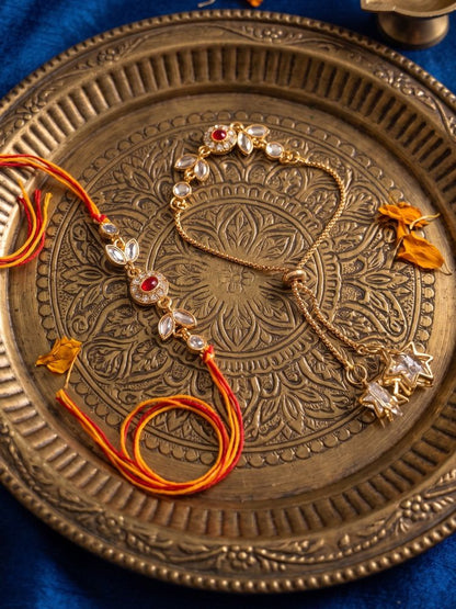 NVR Set of 2 Kundan Studded Gold Toned Bhaiya Bhabhi Rakhi with Roli Chawal Chandan Mishri