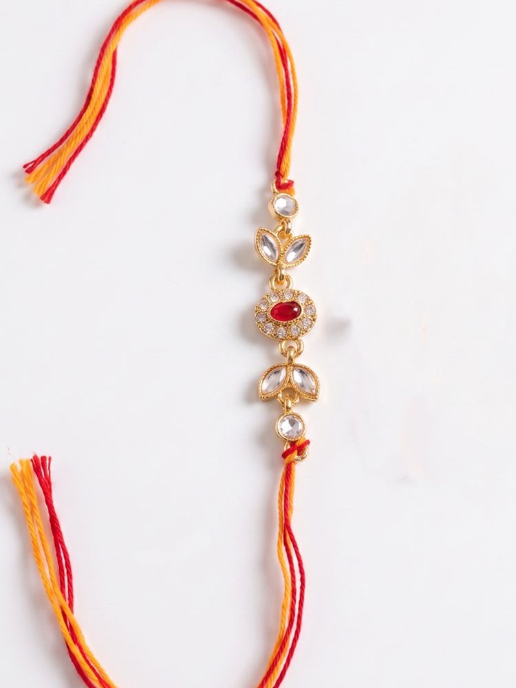NVR Set of 2 Kundan Studded Gold Toned Bhaiya Bhabhi Rakhi with Roli Chawal Chandan Mishri
