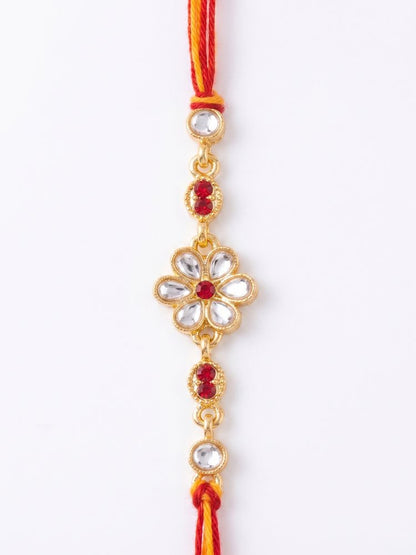 NVR Set of 2 Gold Toned Kundan Studded Bhaiya Bhabhi Rakhi with Roli Chawal Chandan Mishri