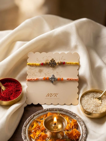 NVR Set of 2 Multicolor Religious Thread Rakhi with Roli Chawal Chandan Mishri