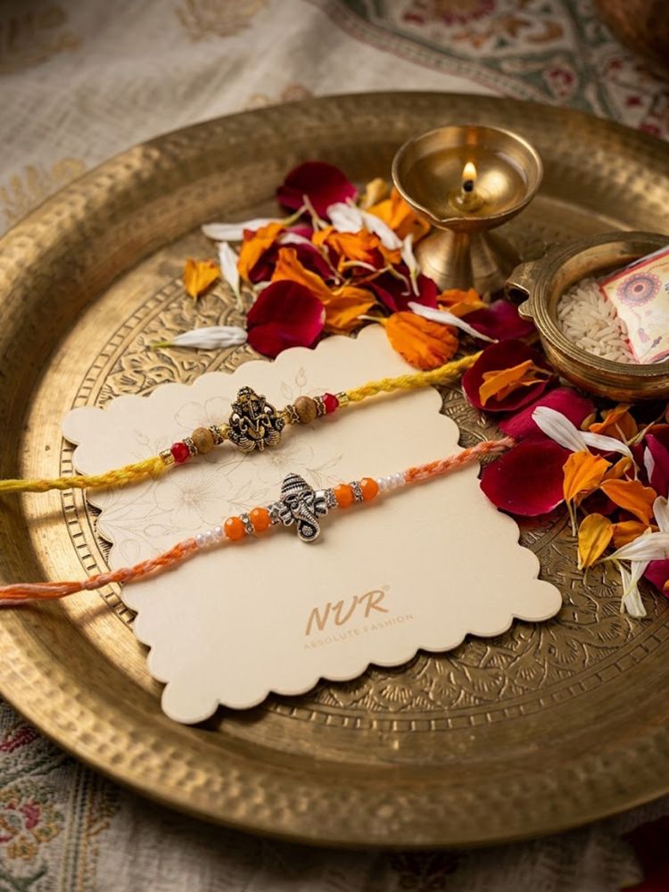 NVR Set of 2 Multicolor Religious Thread Rakhi with Roli Chawal Chandan Mishri