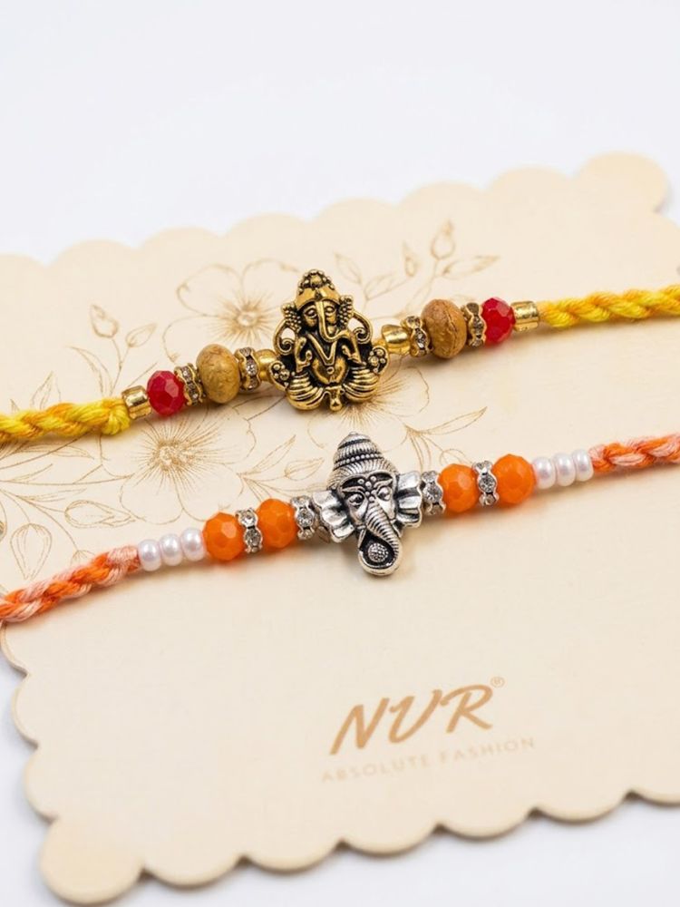 NVR Set of 2 Multicolor Religious Thread Rakhi with Roli Chawal Chandan Mishri