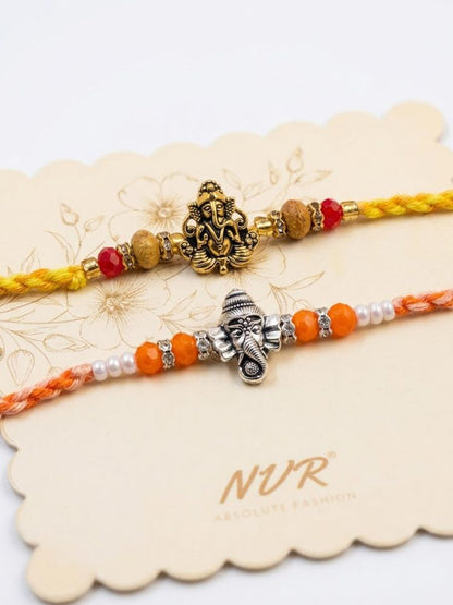 NVR Set of 2 Multicolor Religious Thread Rakhi with Roli Chawal Chandan Mishri