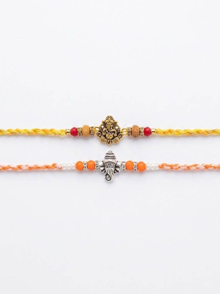 NVR Set of 2 Multicolor Religious Thread Rakhi with Roli Chawal Chandan Mishri